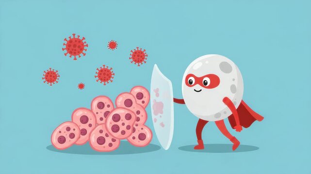 Animated superhero fights viruses, protecting healthy cells in vibrant visuals