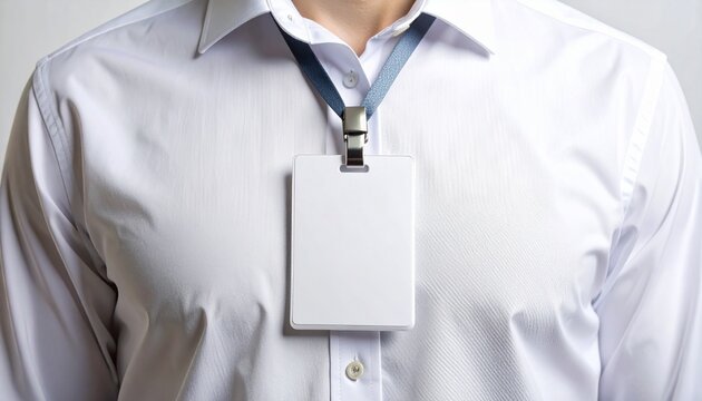 Professional close-up of a blank ID badge on a lanyard, worn over a white business shirt, ideal for office, corporate, seminar, and event identification concepts