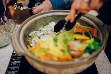 Japanese soy milk hot pot with vegetables and tofu — healthy homemade winter meal