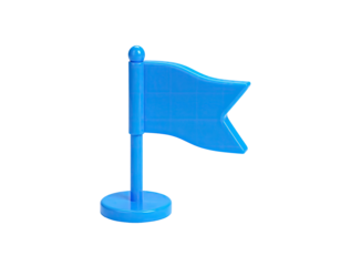 Rendered image of a blue plastic flag on a stand against a black background