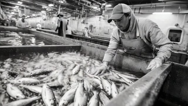 Fish Processing Factory: The image captures a worker at a fish processing factory, meticulously sorting and handling fresh fish. This monochrome shot, with industrial machinery in the background.