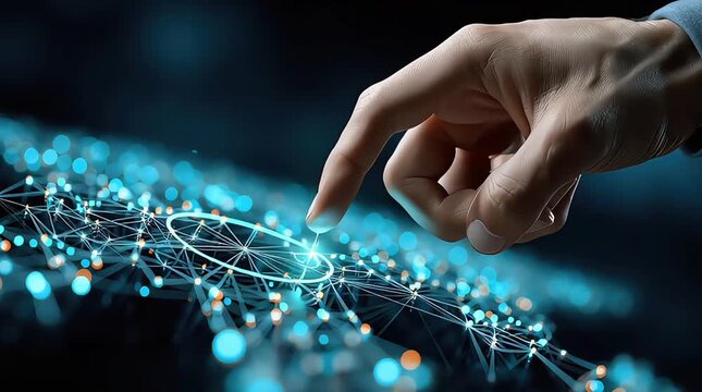 A hand touching a digital interface with glowing connections.