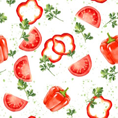 Seamless pattern featuring red bell peppers, tomato slices, pepper rings, and parsley on white background with green splatter