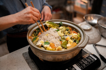 Japanese soy milk hot pot with vegetables and tofu — healthy homemade winter meal
