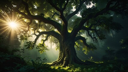 Fototapeta premium Majestic Ancient Tree in Lush Forest with Sun Rays and Magic V1