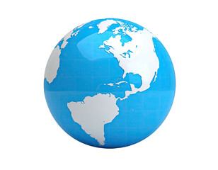 3D rendering of a glossy blue and white Earth, on a black background