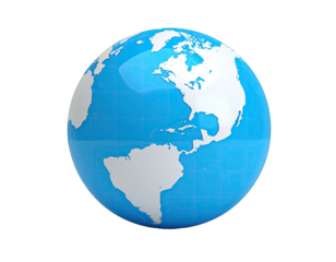 3D rendering of a glossy blue and white Earth, on a black background