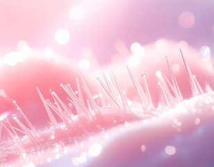 ピンクの光に包まれる繊細な針状結晶。美容液のハリ感を思わせる抽象的マクロビュー ジェネレーティブAI