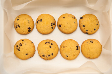 Baking tray with tasty cookies as background, closeup