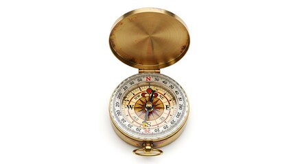 A compass with brass finish, on white surface