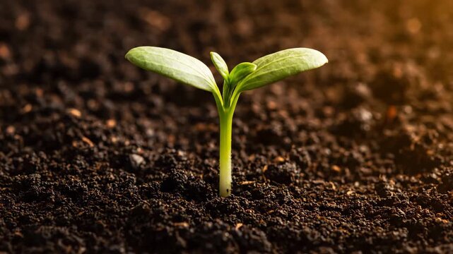 Delicate seedling pushing through soil and growing rapidly in an inspiring timelapse sprouting, fresh, background