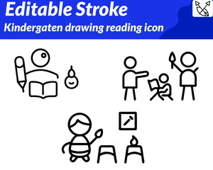 Kindergarten drawing and reading icon character in a playful, flat vector style, featuring a smiling child sitting cross-legged with a book. in hand while colorful crayons pencils sketchpad are placed