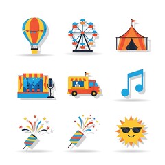 Obraz premium Vibrant carnival icons collection featuring food truck, tent, stage, ferris wheel, sun, and confetti for fun celebrations