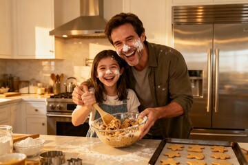 Joyful Father and Daughter Baking Cookies Together