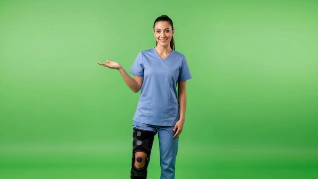 Woman physician with leg brace smiling and gesturing with empty hand, medical rehabilitation on chromakey footage.