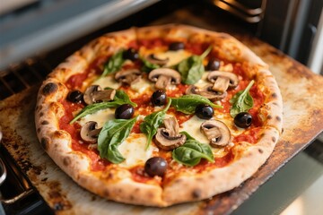 Freshly Baked Pizza with Mushrooms, Olives, and Spinach