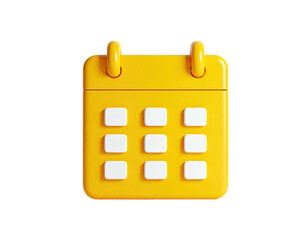 A bright yellow, 3D-rendered calendar with a square shape and highlighted dates