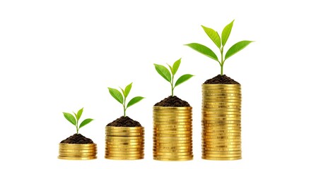 Financial Growth Concept: Seedlings Growing on Stacks of Coins