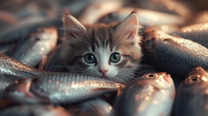 A playful kitten with striking green eyes is nestled among a heap of freshly caught fish in a bustling market. The warm lighting enhances the lively atmosphere of the surroundings.