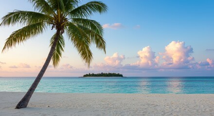 Tranquil beach scene with palm tree island and soft clouds at sunset reflecting on the ocean