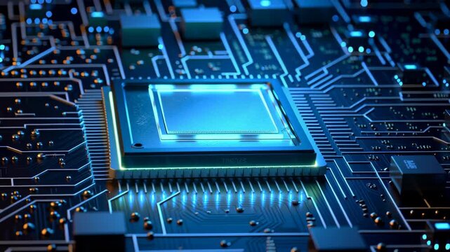 Futuristic microchip processor glowing circuit technology motherboard hardware semiconductor electronics blue neon cyberpunk innovation pulses with