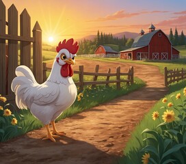 A rooster strolls confidently down a dirt path framed by wooden fences. The vibrant colors of sunset cast a warm glow across the serene rural landscape.