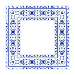 Elegant square frame with classic blue and white floral pattern. Floral plate. Vintage ornamental border frame. Template Pattern frame for textiles, embroidery, china Delftware, earthenware, ceramics