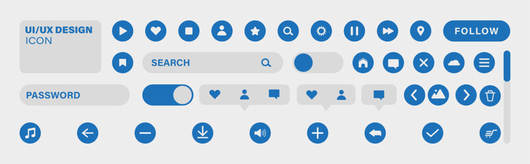 Flat vector illustration of user interface and UX elements set with buttons, icons, search bars, toggles, and interactive components for apps and websites