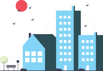 Minimalist Cityscape Vector. Modern Urban Landscape. Buildings Suburb Houses, Park Bench Sun Birds. City Life Poster, Real Estate Banner, Clean Architectural Art, Residential Street Scene Illustration