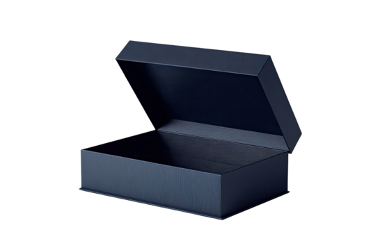 Open dark navy blue box, slightly angled, on black background