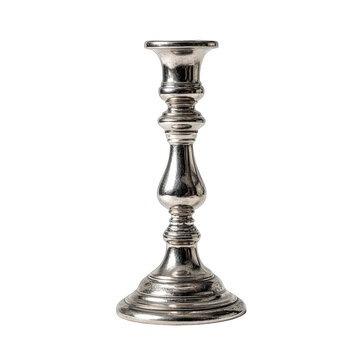Silver candlestick with ornate design, against a black background