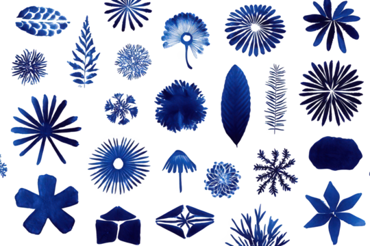 Collection of Abstract Blue Floral Shapes on Transparent Background with Dark Purple Hues, Various Sizes and Patterns, Decorative Botanical Elements, Artistic Arrangement, Digital Design