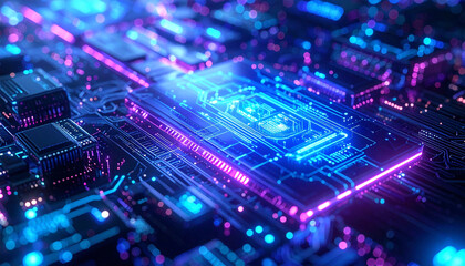 Circuit Board in Neon: A close-up view showcases an intricate circuit board, bathed in vibrant neon hues, highlighting the complex pathways and technological innovation.