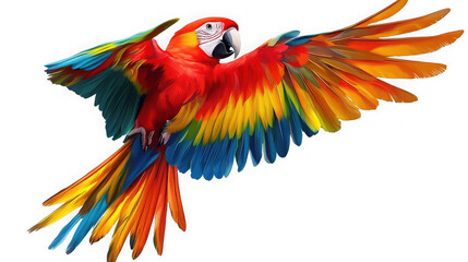 Fototapeta premium Colorful macaw parrot flying isolated on transparent background with open wings