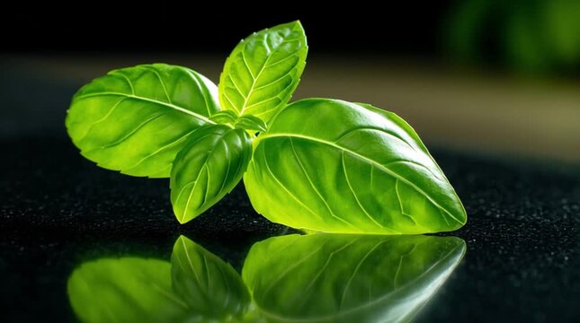 Fresh green basil leaves placed on a dark reflective surface, highlighted with natural lighting. Perfect for culinary, herbal, or natural wellness themes.