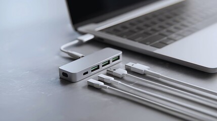 Modern usb hub connected to a laptop with cables ready for use.