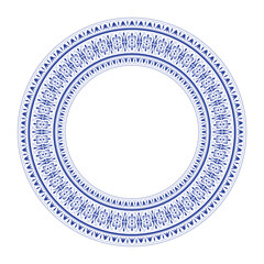 Elegant round frame with classic blue and white floral pattern. Refined border. Vintage ornamental border frame. Pattern frame for textile, embroidery, ceramic china Delftware, earthenware, plate