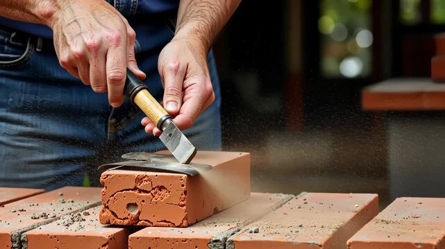 Close-Up of Skilled Hands Using a Chisel to Shape Brick with Precision and Technique Outdoors