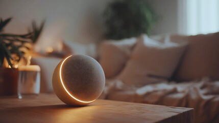 Smart home speaker glowing with ambient light in a cozy living room setting