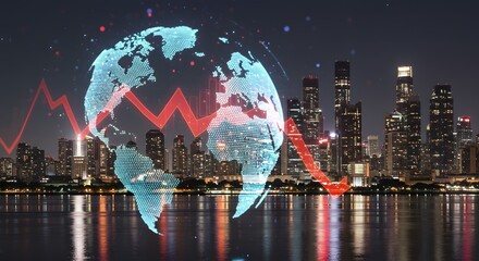 Global Economic Downturn: Red Arrow and World Map Overlay on Cityscape