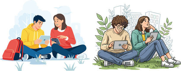 Young people using digital tablets outdoors, modern education, technology in nature, student collaboration, learning with devices, campus lifestyle, youth engagement, digital connection, outdoor study