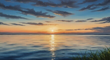 Tranquil sunset over calm water with vibrant colors and soft clouds reflecting light