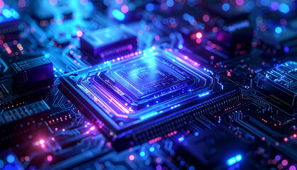 Obraz premium Digital Circuit Board: An intricately designed circuit board, bathed in vibrant, futuristic neon lighting, showcases the core of digital technology and the marvels of modern computing.