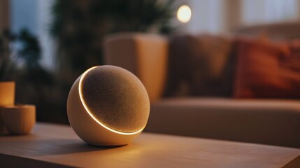 Modern sphere light illuminating cozy living room with soft warm glow at dusk