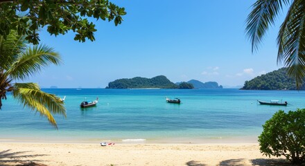 Tropical beach scene with boats in clear water under a bright blue sky with green foliage framing the view