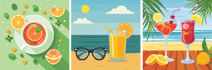 Colorful flat summer drinks and tropical cocktail set – vector illustration