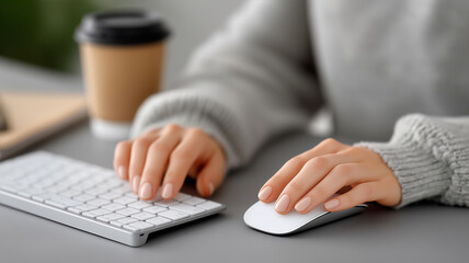 Fototapeta premium Top-down view of cropped hand on sleek computer mouse at modern office desk with slim keyboard, notepad, pen, and coffee cup arranged neatly in a minimalist professional workspace