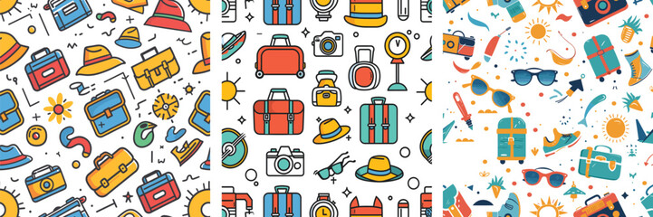 Seamless pattern of colorful travel icons and luggage set – vector illustration