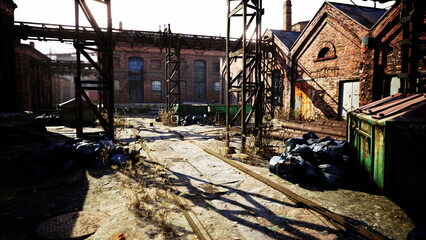 In an abandoned industrial site, we see crumbling brick buildings and rusty structures. Shadows stretch across the ground as the sun begins to set, creating an eerie yet beautiful atmosphere.