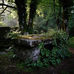 Ancient Stone Table In Forest Sunlight